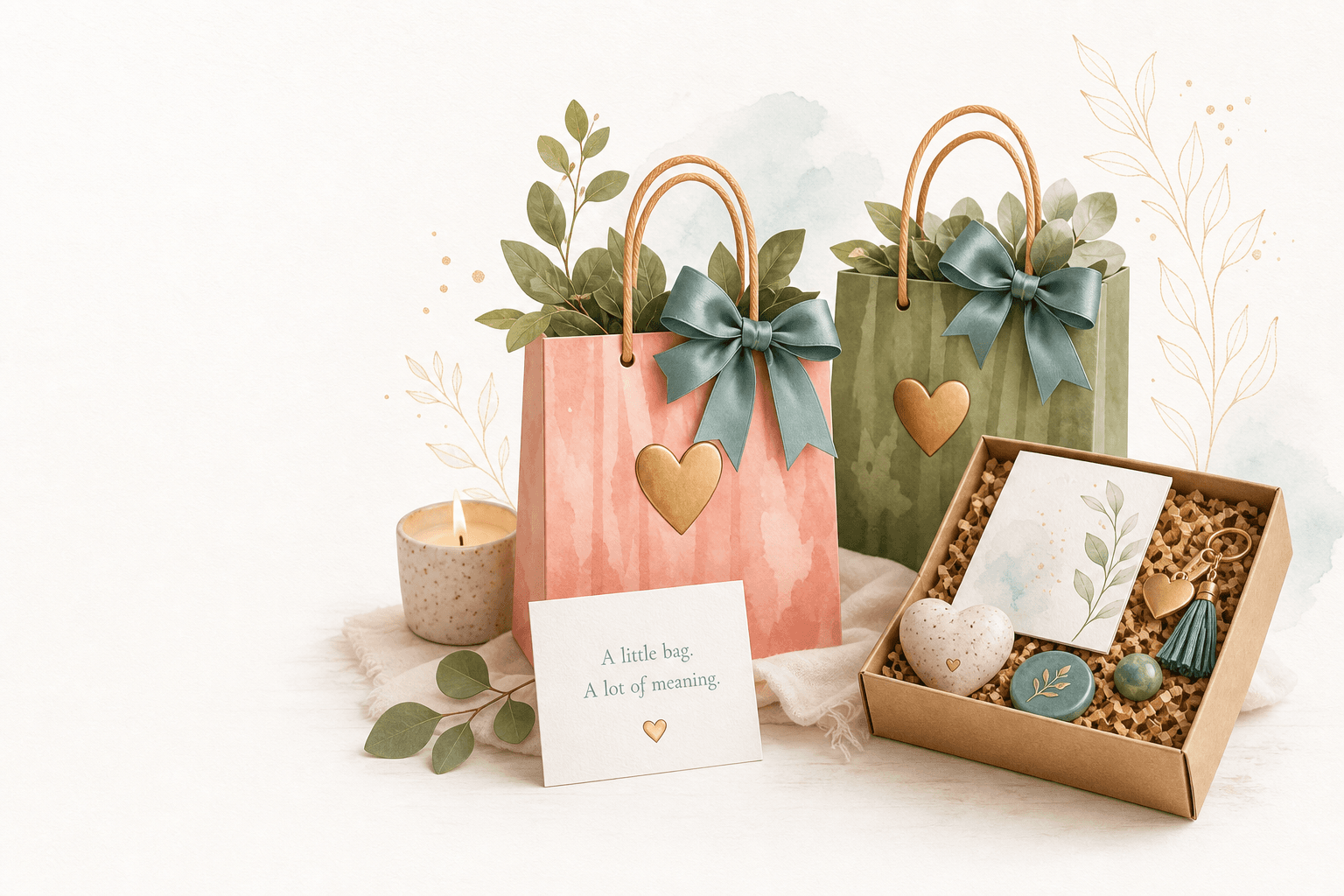 A Gift In A Bag box with a meaning card, ribbon and keepsakes